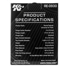 K&N Universal Air Intake Filter - Round Tapered 6in Base OD x 3in Flange ID x 6in H | RE-0930