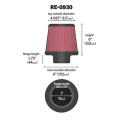 K&N Universal Air Intake Filter - Round Tapered 6in Base OD x 3in Flange ID x 6in H | RE-0930