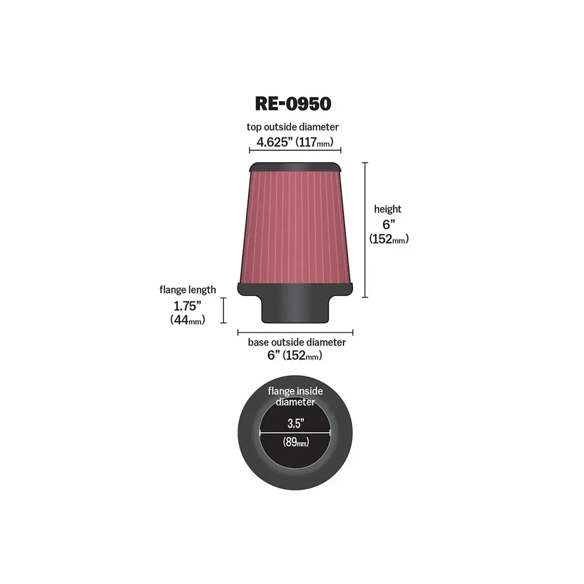 K&N Universal Rubber Filter 3 1/2inch ID FLG / 6inch Base / 4-5/8inch Top / 6inch Height | RE-0950
