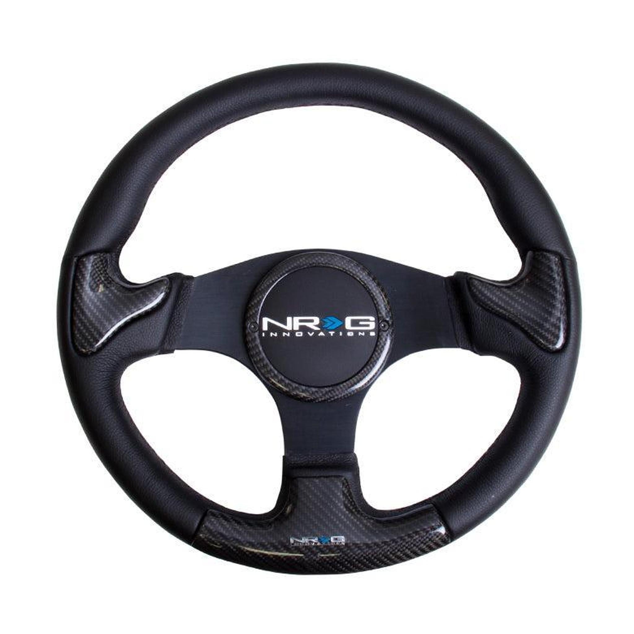 NRG 350mm Carbon Fiber Steering Wheel Black frame black stitching w/ Rubber Cover Horn Button | ST-014CFBK