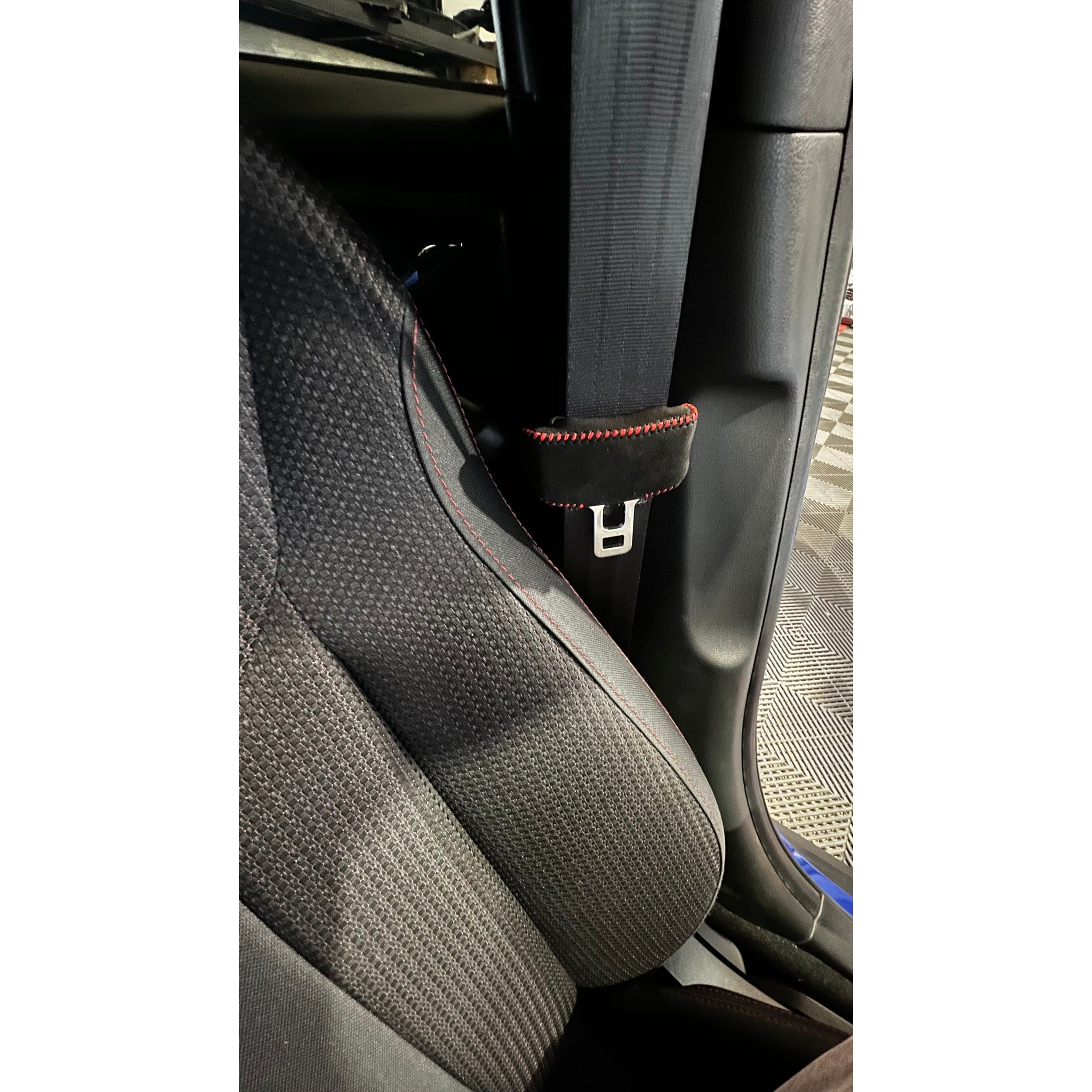 Noble Suede Seat Belt Buckle Covers Black with Red Stitching Subaru WRX 2022-2023