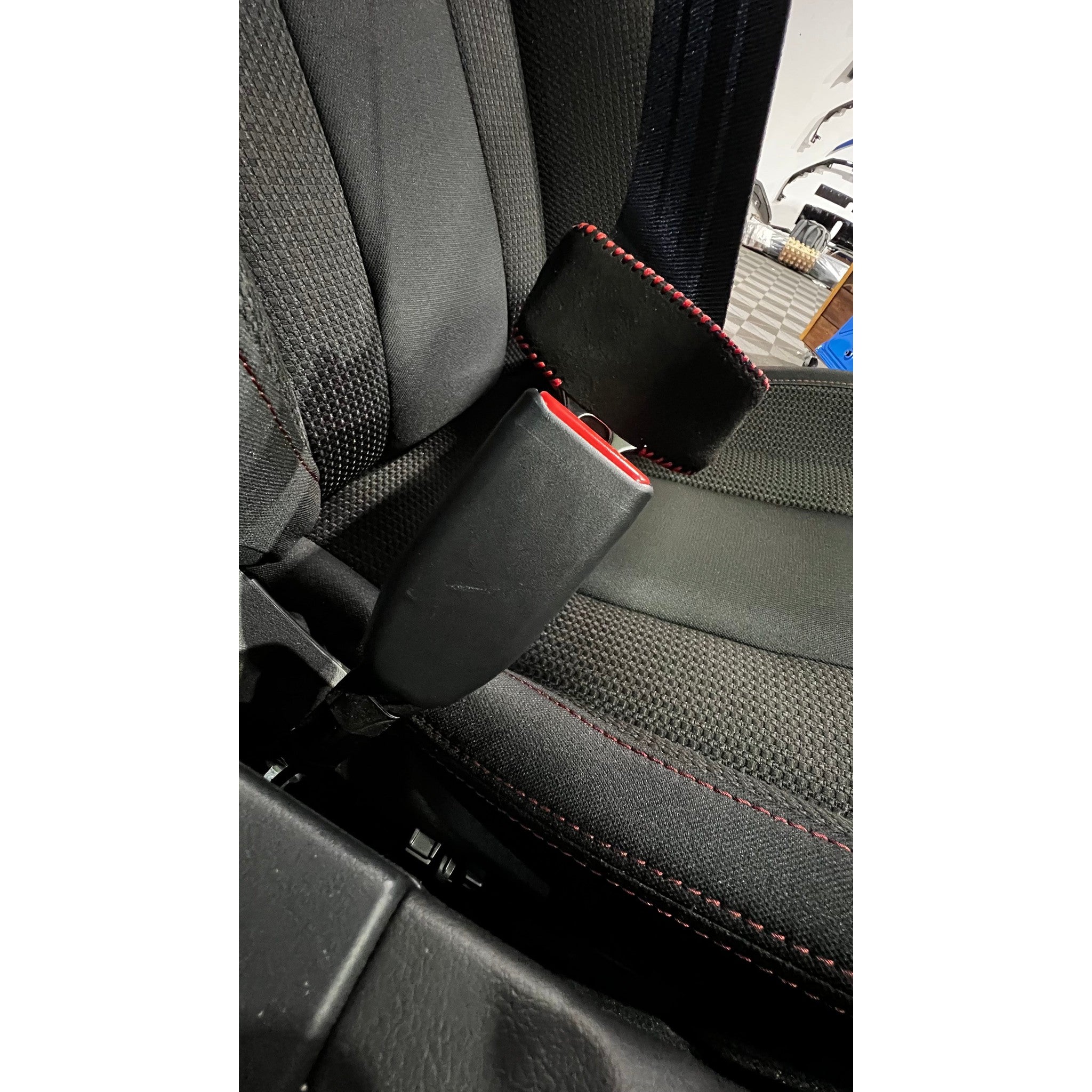 Noble Suede Seat Belt Buckle Covers Black with Red Stitching Subaru WRX 2022-2023