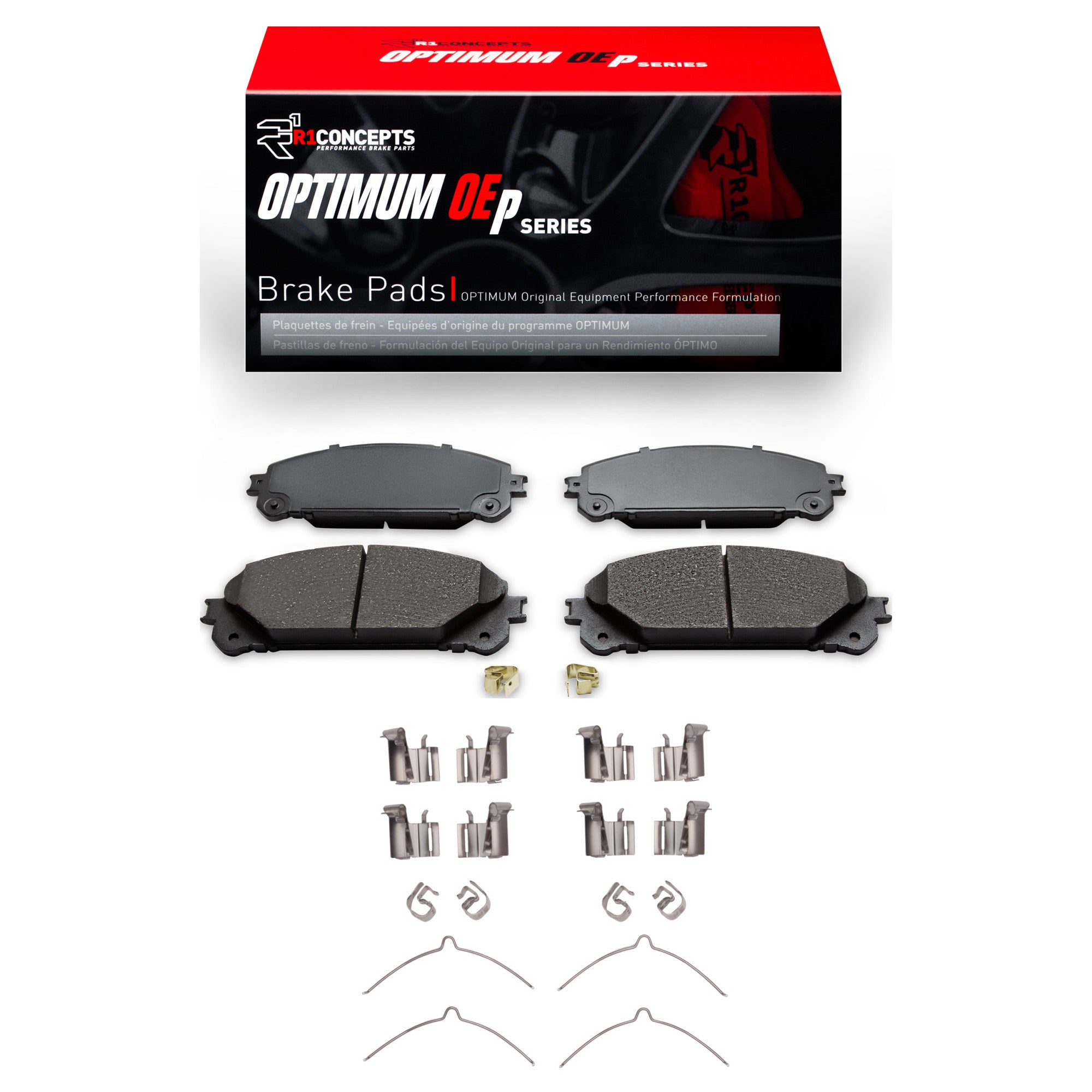 R1 Concepts RNC Optimum OE Brake Pads & Hardware Kit Front Subaru Solterra 2023-2025 | 2551-1324-01