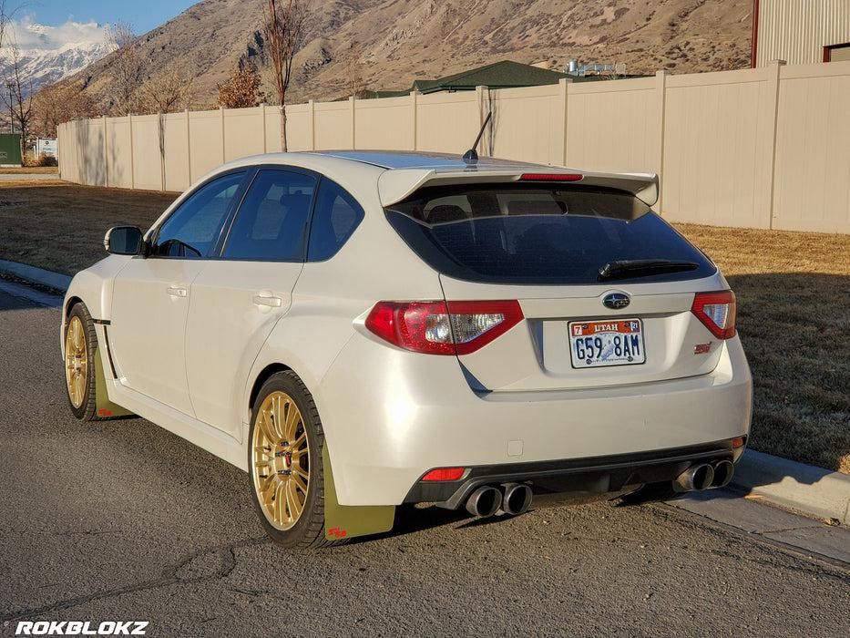 RokBlokz Original Rally Mud Flaps White Flaps/Blue Logo 08-14 Subaru STI Hatch / 11-14 WRX Hatch