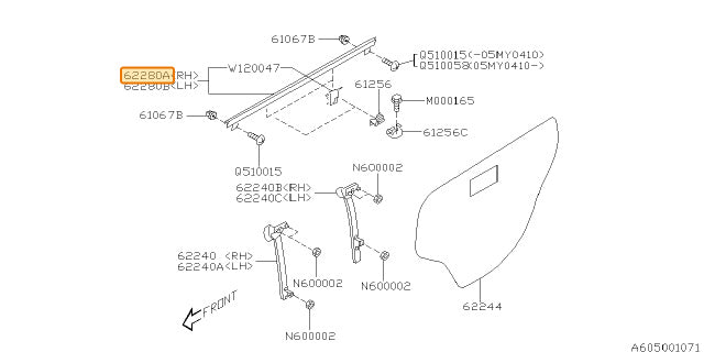 Subaru OEM Rear Door Window Weather Stripping - Outside - Right Hand | 62280AG001