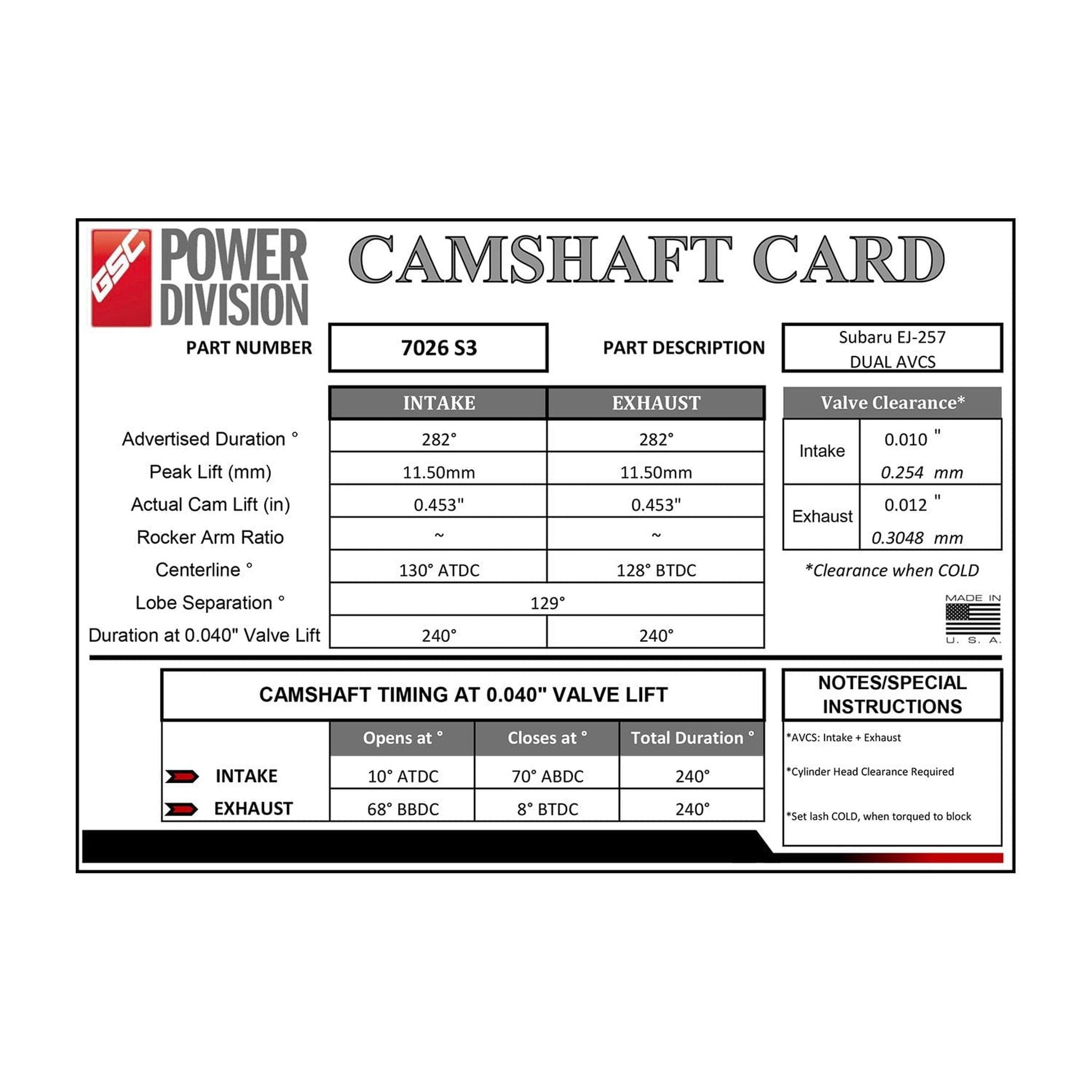 GSC S3 Cams 282/282 Billet Camshafts 2008-2018 STi (7026S3)