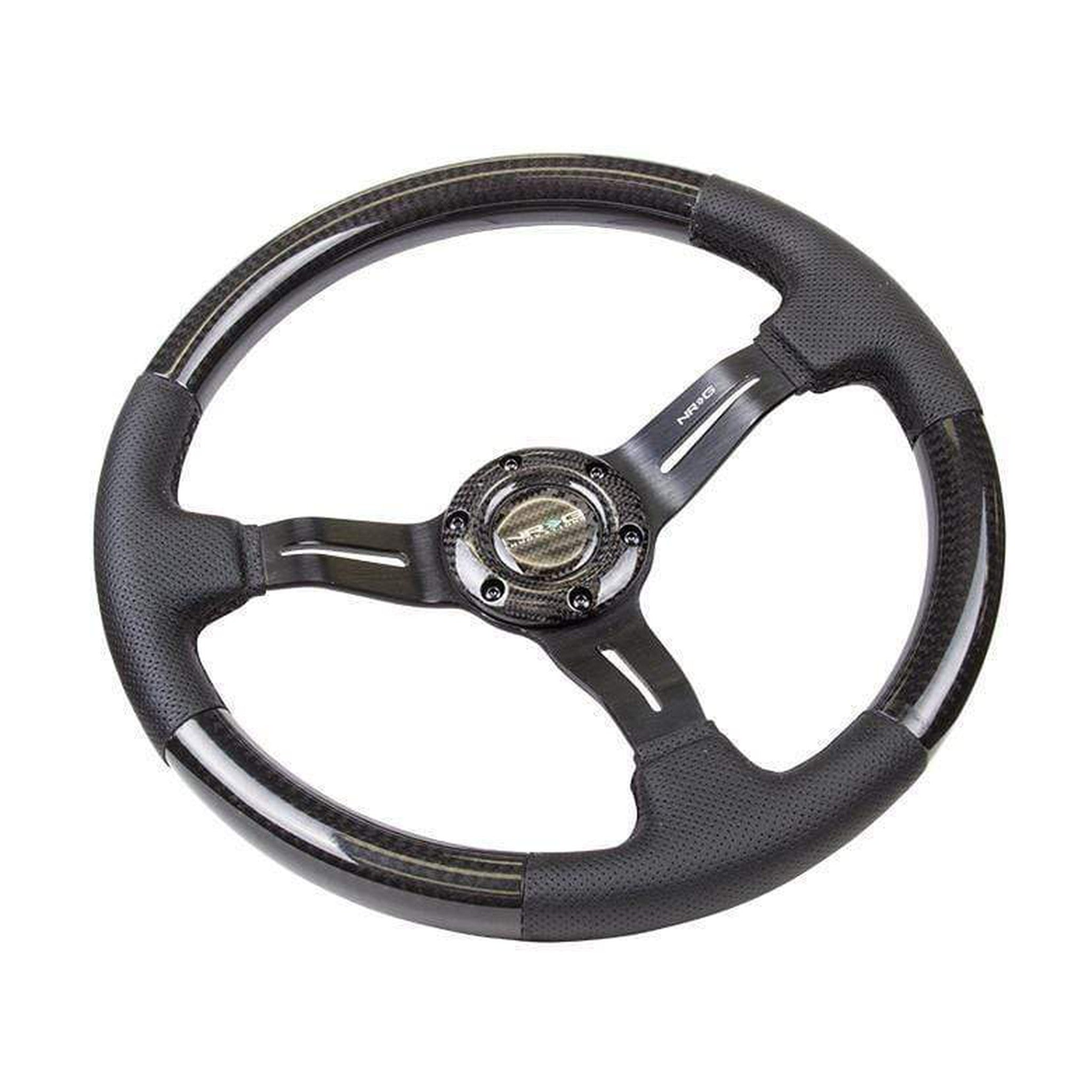 NRG Carbon Fiber Steering Wheel (350mm / 1.5in. Deep) Leather Trim w/Blk Stitch & Slit Cutout Spokes | ST-010CFBS