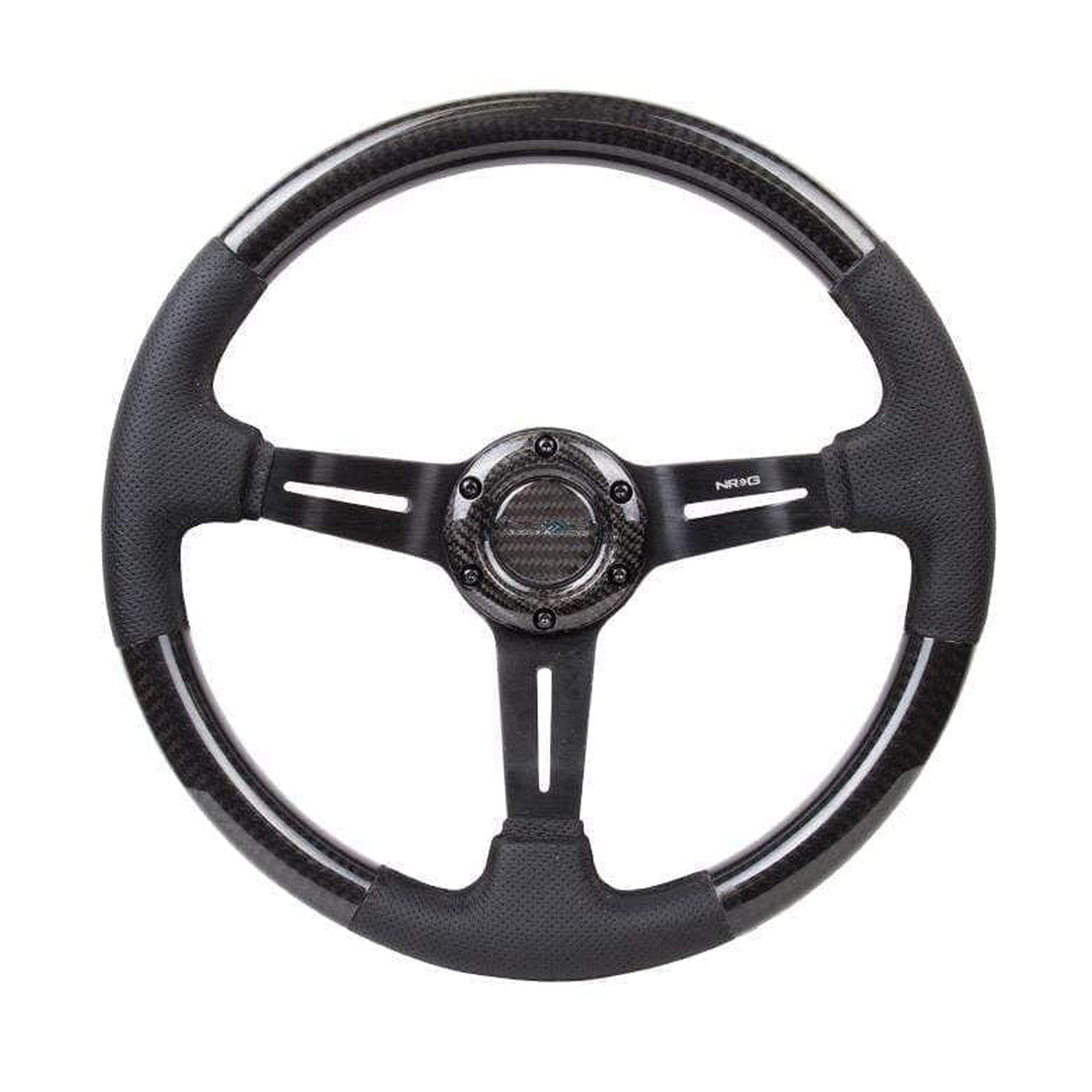 NRG Carbon Fiber Steering Wheel (350mm / 1.5in. Deep) Leather Trim w/Blk Stitch & Slit Cutout Spokes | ST-010CFBS
