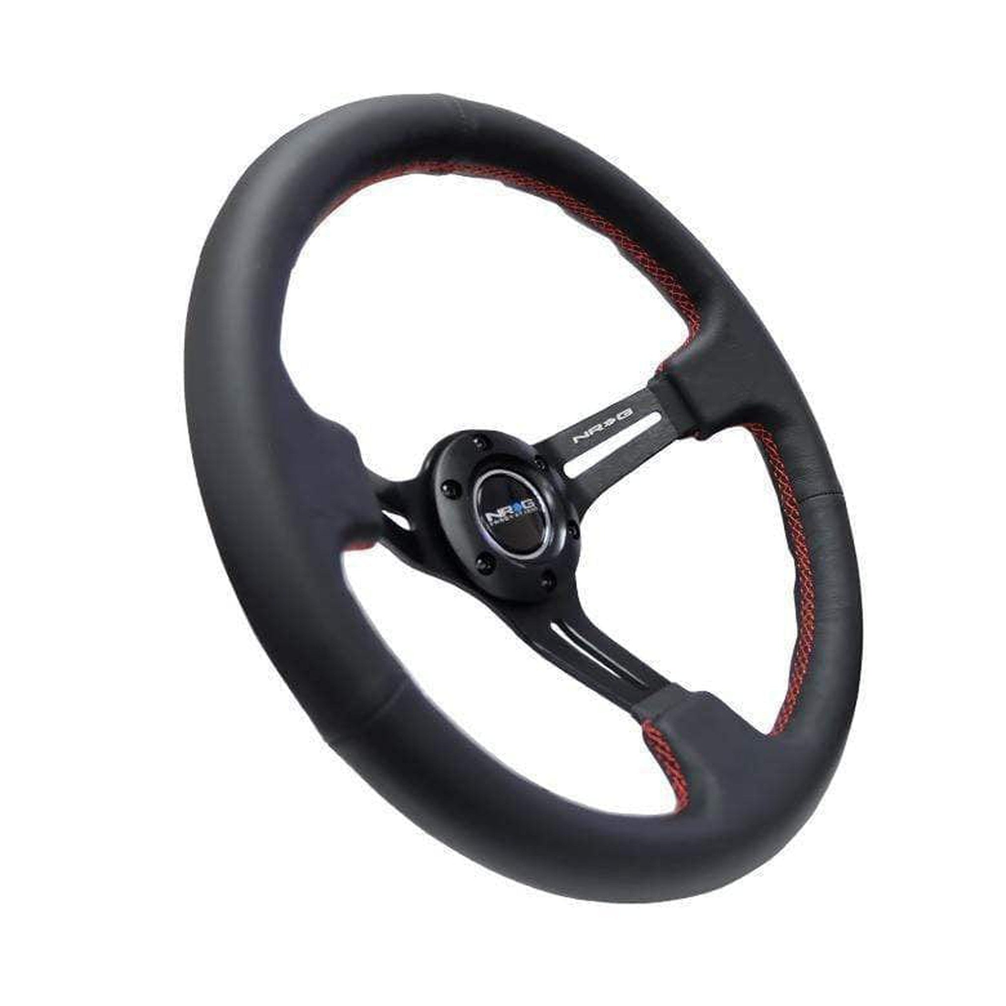 NRG Reinforced Steering Wheel (350mm / 3in. Deep) Black Leather/Red Stitch & Blk 3-Spoke w/Slits | RST-018R-RS