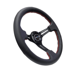 NRG Reinforced Steering Wheel (350mm / 3in. Deep) Black Leather/Red Stitch & Blk 3-Spoke w/Slits | RST-018R-RS