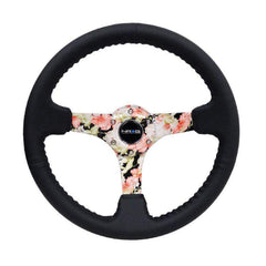 NRG Reinforced Steering Wheel (350mm / 3in. Deep) Blk Leather Floral Dipped w/ Blk Baseball Stitch | RST-036FL-R