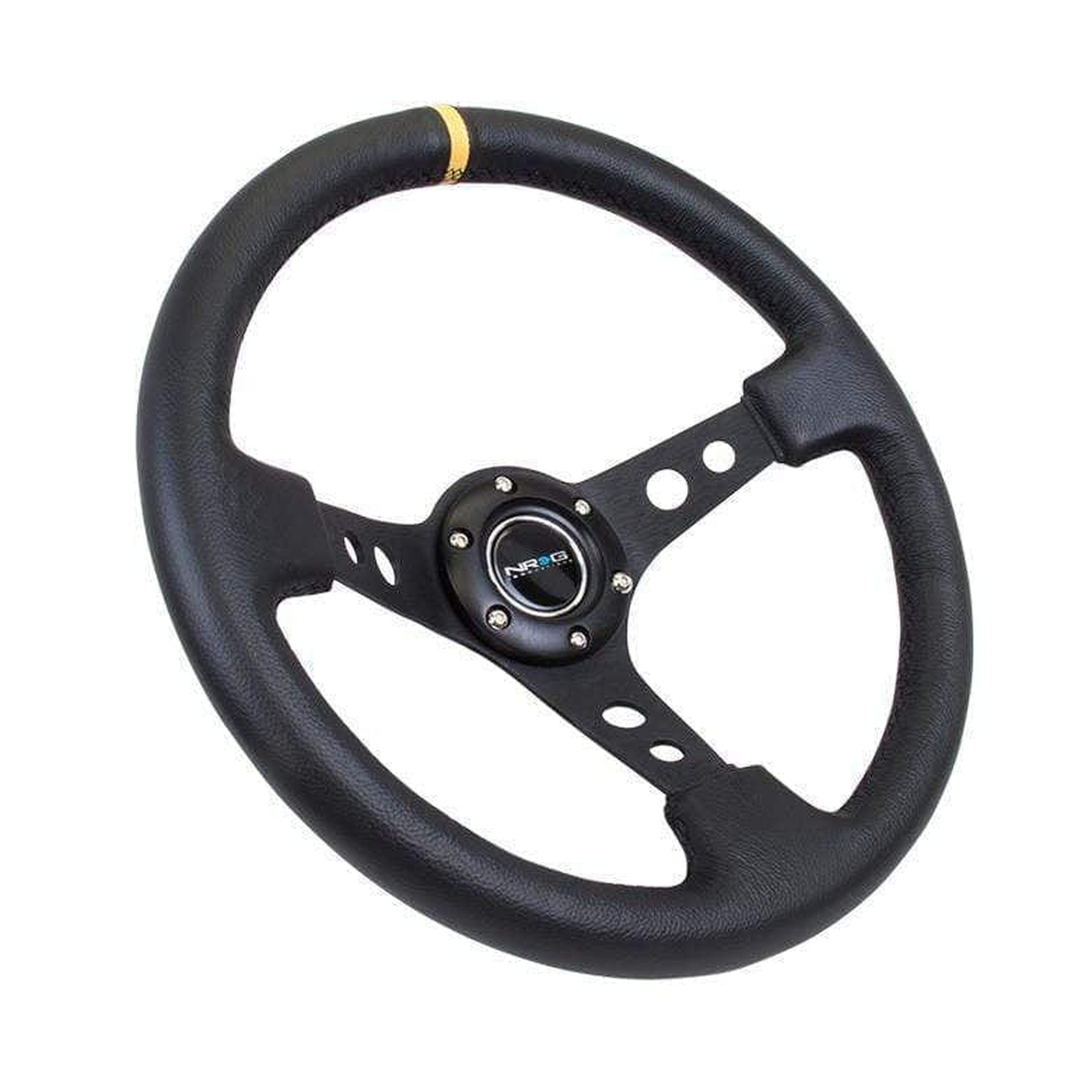 NRG Reinforced Steering Wheel (350mm / 3in. Deep) Blk Leather w/Blk Cutout Spoke + Yellow Stripe | RST-006BK-Y