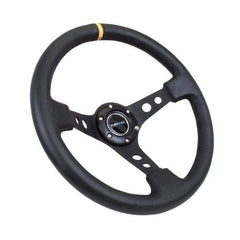 NRG Reinforced Steering Wheel (350mm / 3in. Deep) Blk Leather w/Blk Cutout Spoke + Yellow Stripe | RST-006BK-Y