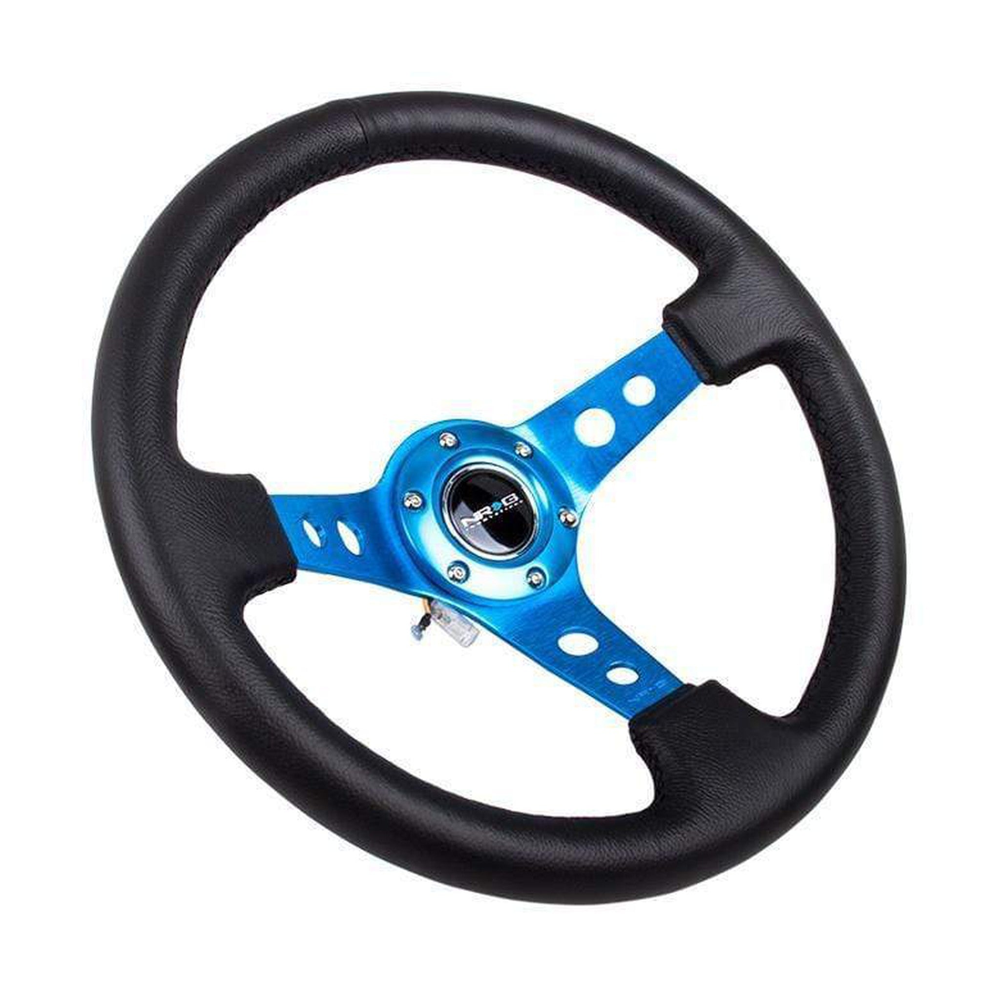 NRG Reinforced Steering Wheel (350mm / 3in. Deep) Blk Leather w/Blue Circle Cutout Spokes | RST-006BL
