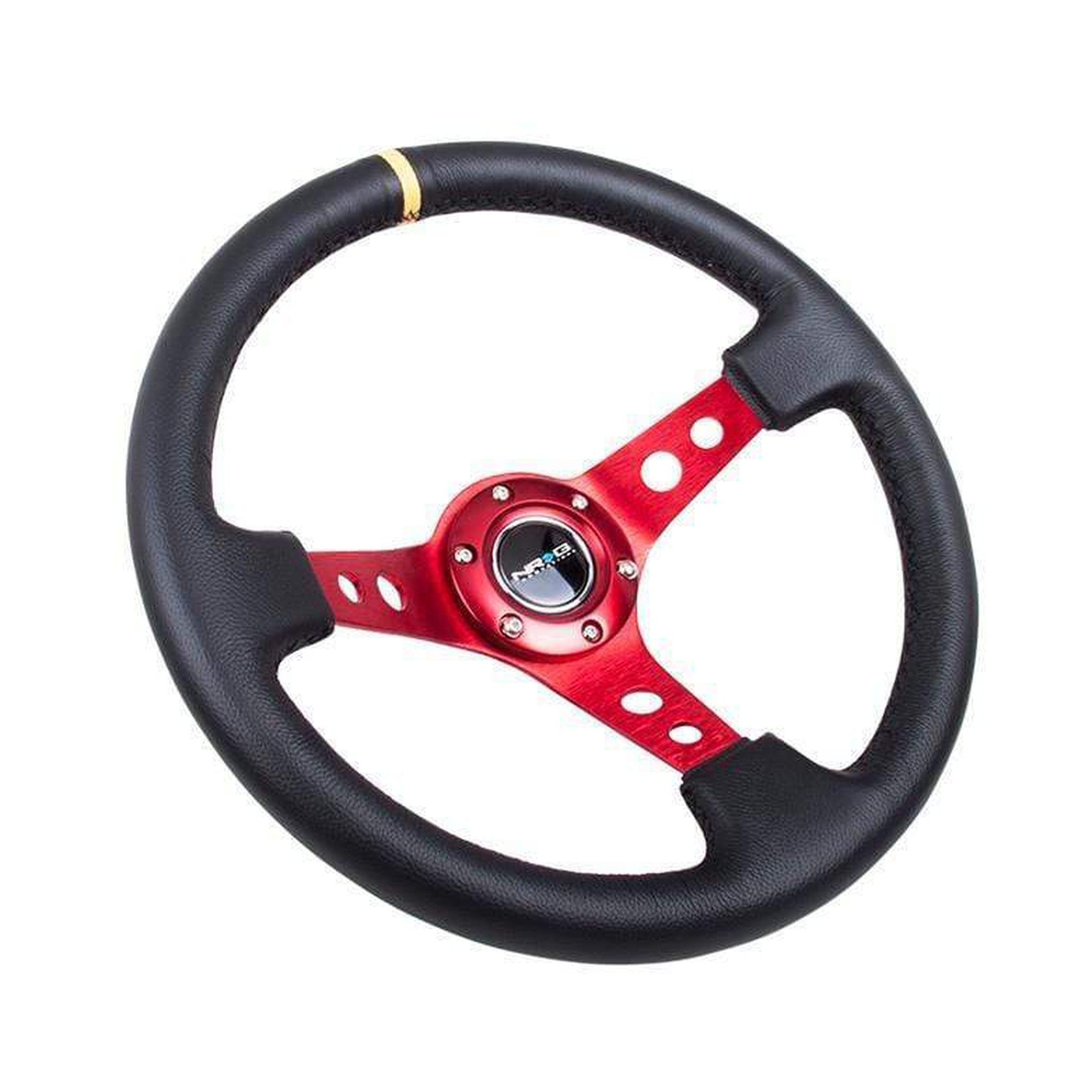 NRG Reinforced Steering Wheel (350mm / 3in. Deep) Blk Leather w/Red Spokes & Sgl Yellow Center Mark | RST-006RD-Y