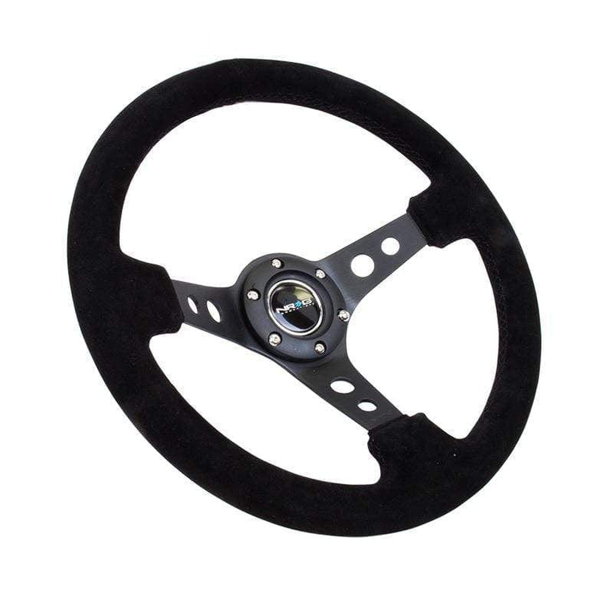 NRG Reinforced Steering Wheel (350mm / 3in. Deep) Blk Suede/Blk Stitch w/Black Circle Cutout Spokes | RST-006-S