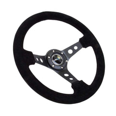 NRG Reinforced Steering Wheel (350mm / 3in. Deep) Blk Suede/Blk Stitch w/Black Circle Cutout Spokes | RST-006-S