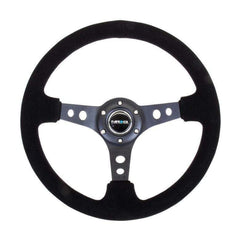 NRG Reinforced Steering Wheel (350mm / 3in. Deep) Blk Suede/Blk Stitch w/Black Circle Cutout Spokes | RST-006-S