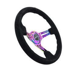 NRG Reinforced Steering Wheel (350mm / 3in. Deep) Blk Suede/Blk Stitch w/Neochrome Slits | RST-018S-MCBS
