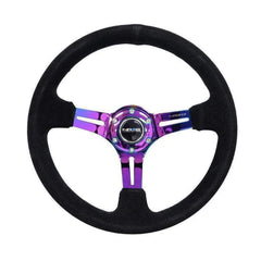 NRG Reinforced Steering Wheel (350mm / 3in. Deep) Blk Suede/Blk Stitch w/Neochrome Slits | RST-018S-MCBS