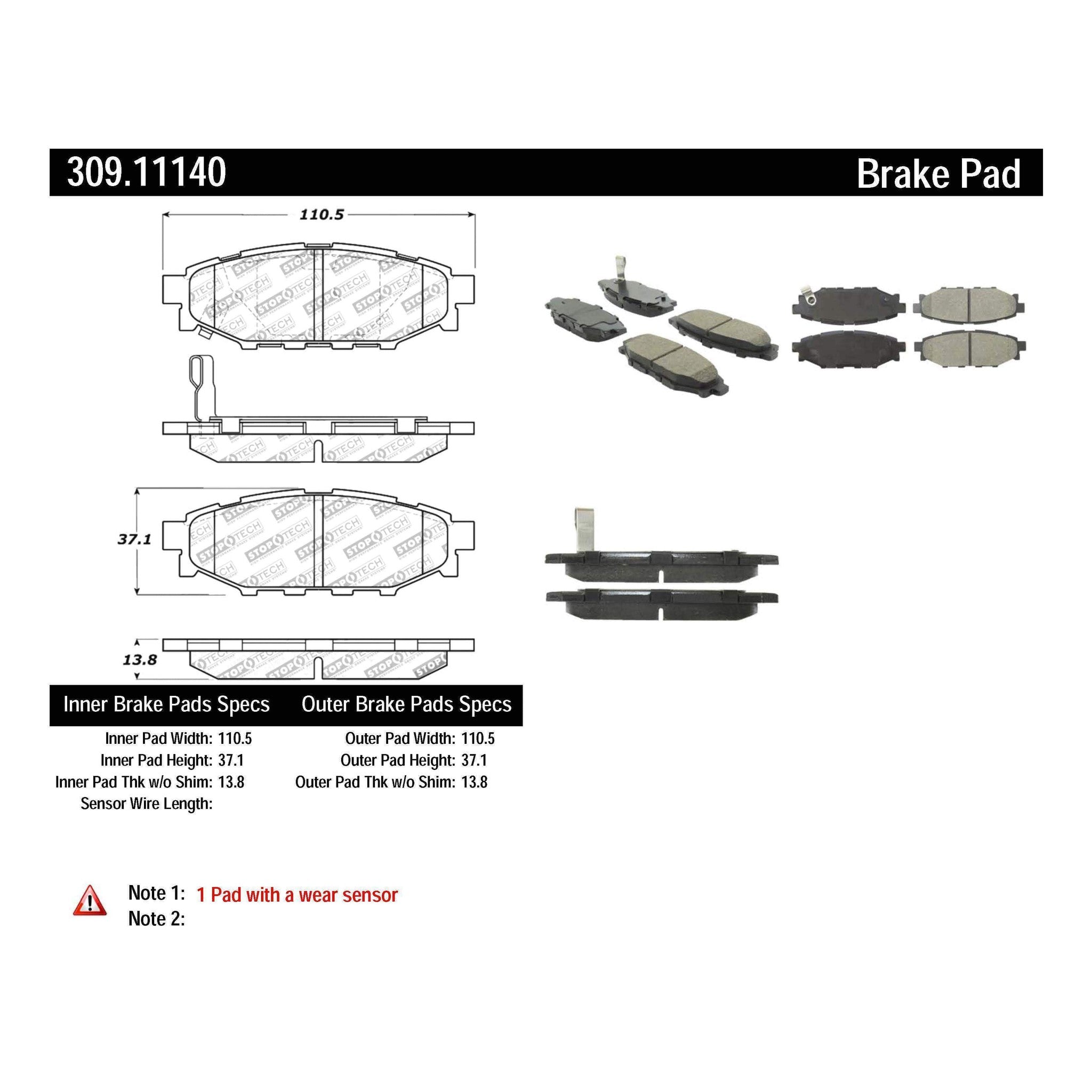 StopTech Sport Rear Brake Pads WRX w/o Eyesight Tech 2008-2021 / BRZ 2013-2020 / FRS 2013-2016 | 309.11140