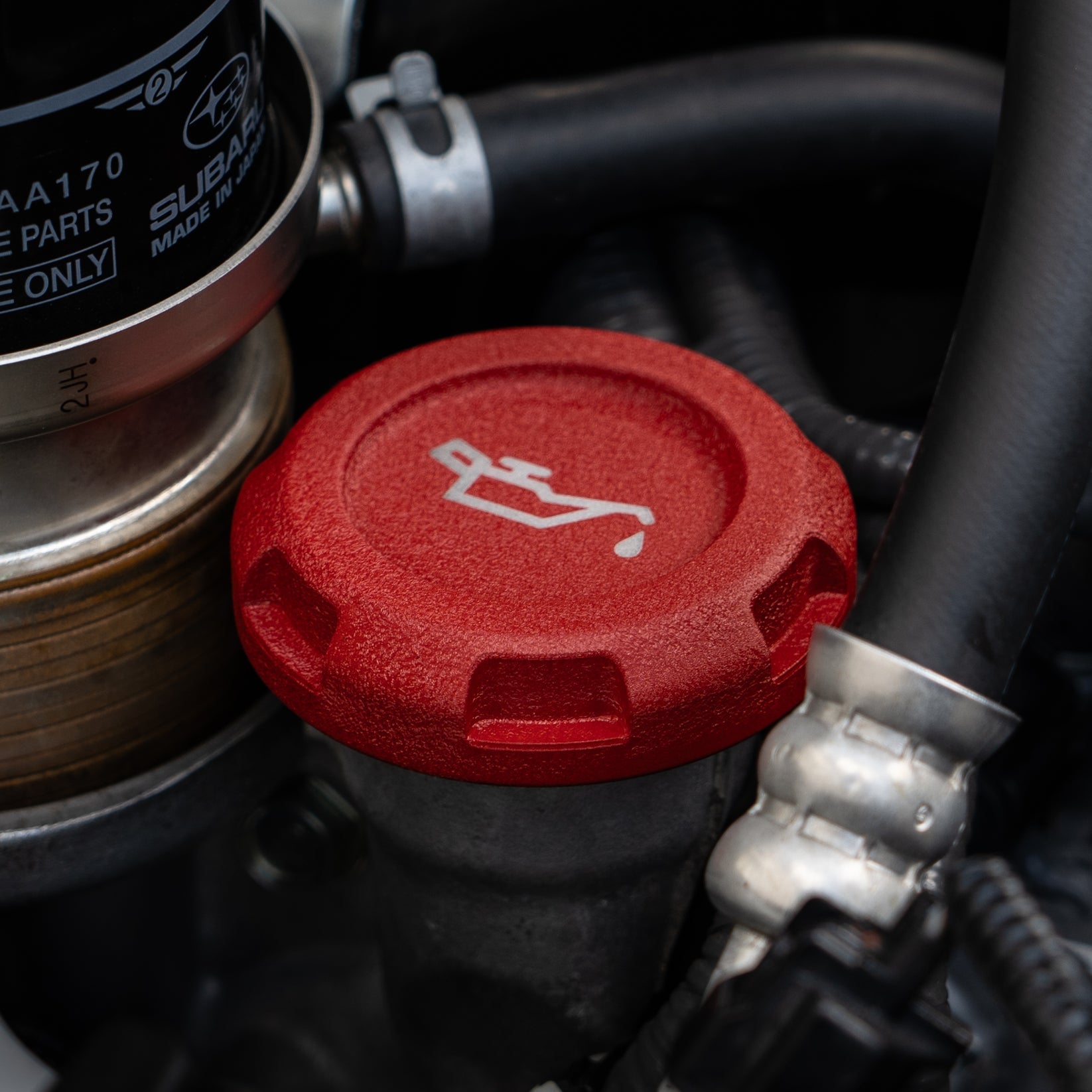 Billetworkz Engine Bay Caps Zero Series Red Wrinkle 2015-2021 Subaru STI with Fluid Engraving | BW-EBCZ-SUB-VASTI-RWR-E