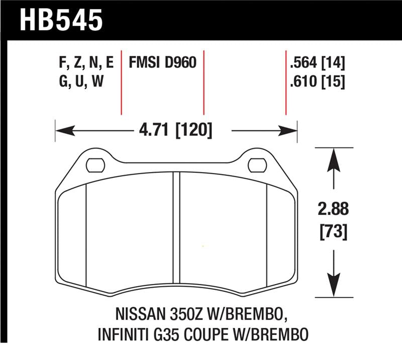 Hawk Front DTC-70 Race Brake Pads Infiniti G35 03-04 / Nissan 350Z 03-09 w/ Brembo | HB545U.564