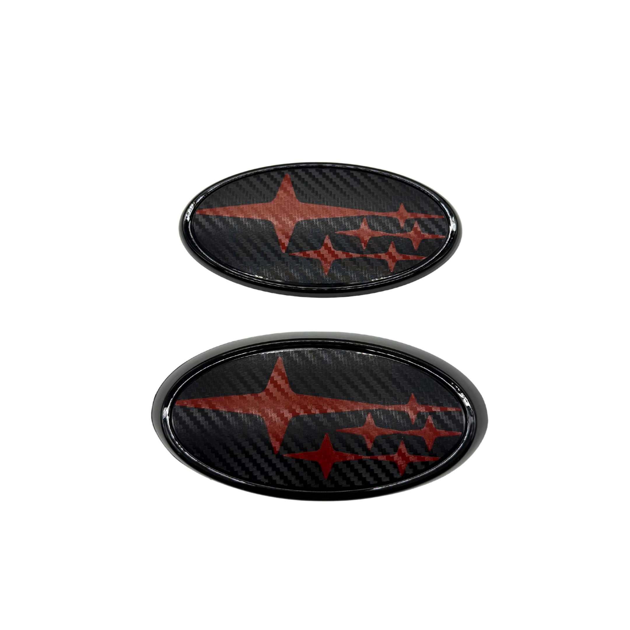 JDM Station Front and Rear Full Replacement Emblems Carbon Matte Black w/ Red Stars WRX / STI 2015-2021 | 15WRXMBSTAR-RD