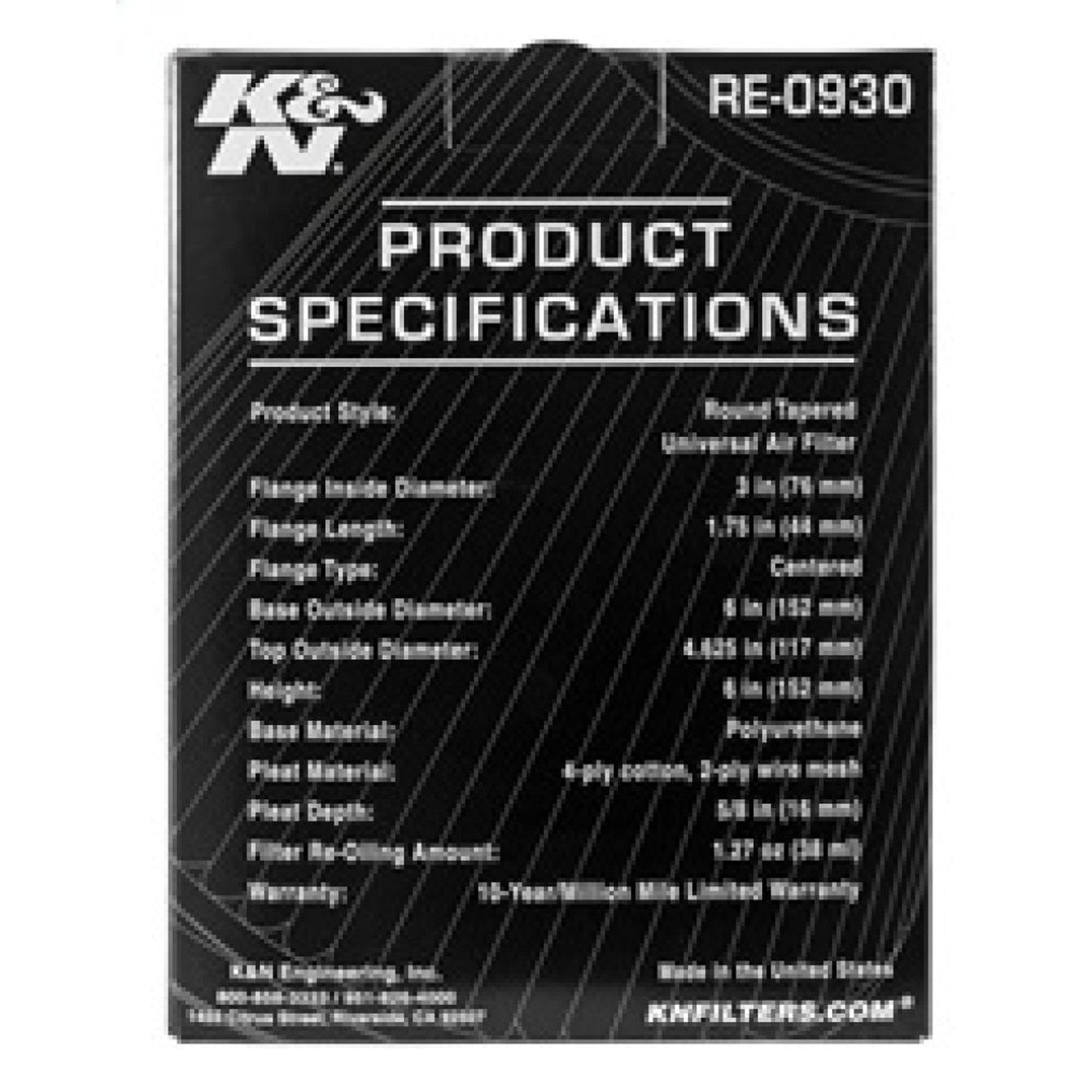 K&N Universal Air Intake Filter - Round Tapered 6in Base OD x 3in Flange ID x 6in H | RE-0930