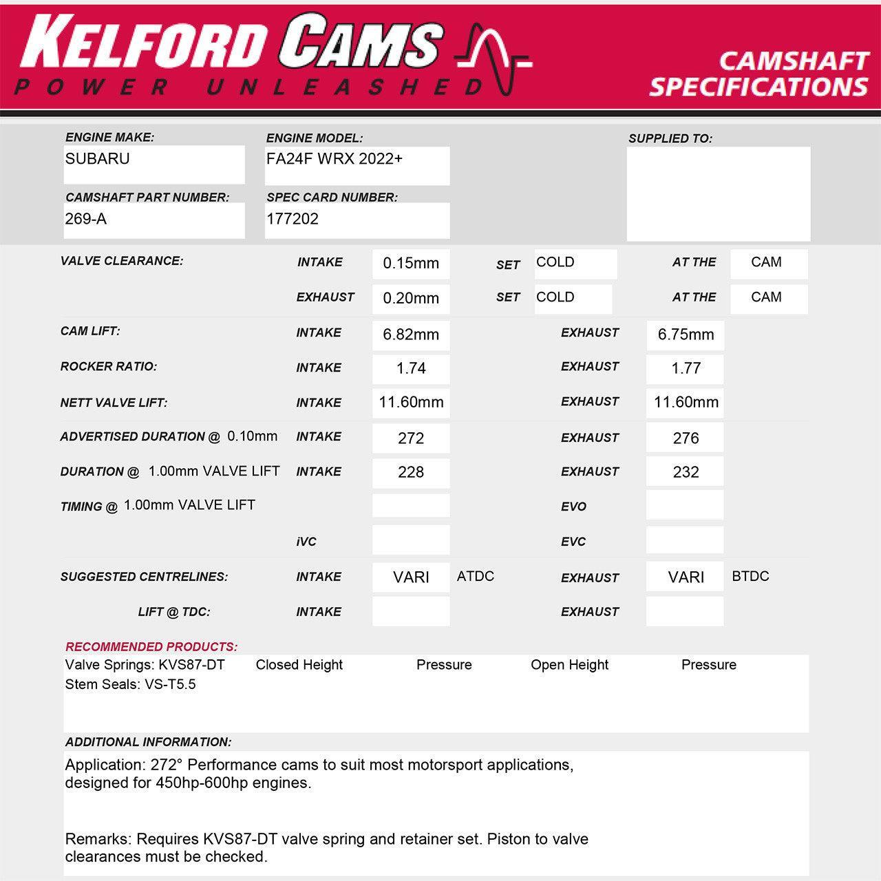 Kelford Cams 272/276 Degree Camshafts Subaru WRX 2022-2026 | 269-A
