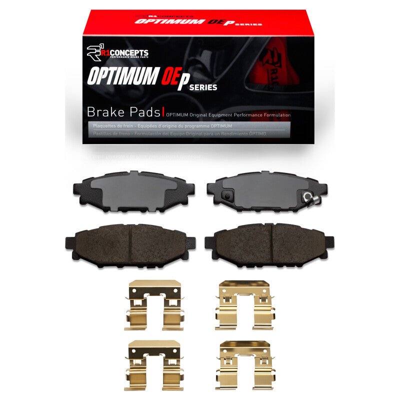 R1 Concepts Rear Optimum OE Brake Pads & Hardware Kit Subaru WRX 2008-2021 w/ Manual Parking Brake | 2551-1114-01