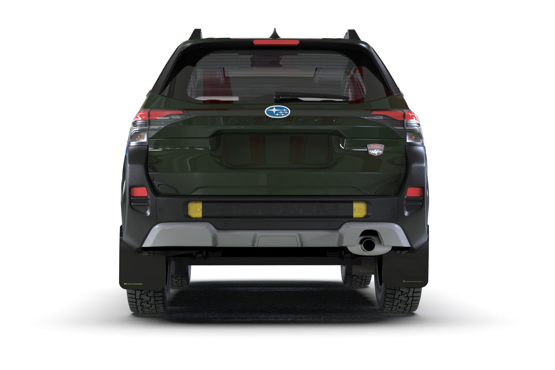 Rally Armor Black UR Mud Flap w/Green Logo 2026 Subaru Forester Wilderness | MF152-UR-BLK-AGN
