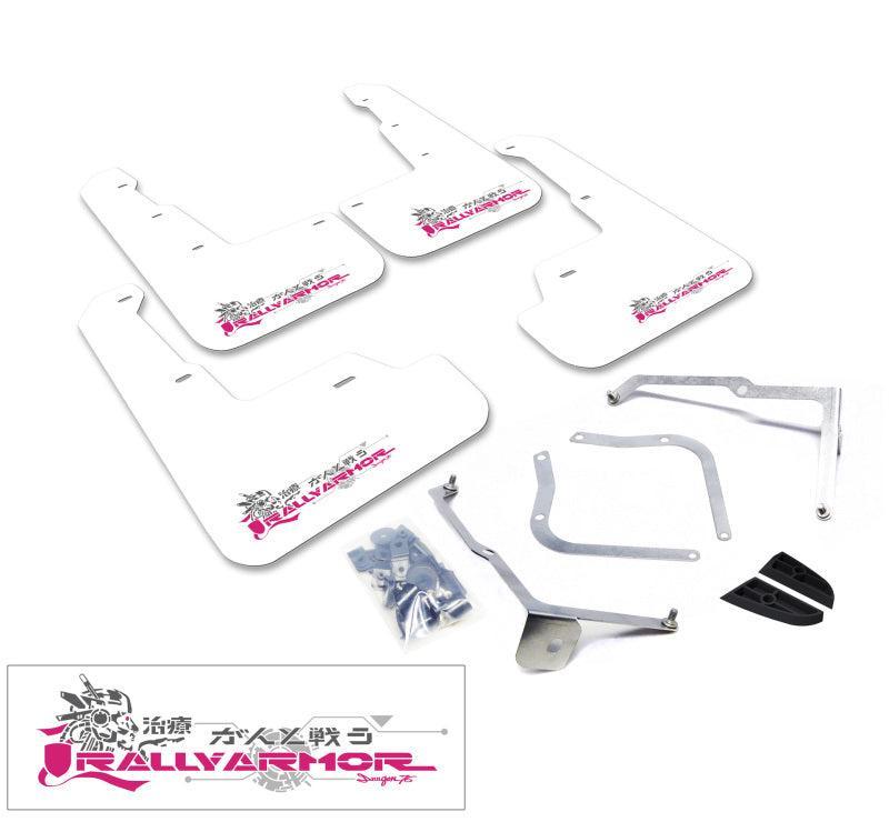 Rally Armor UR White Mud Flaps w/ Pink Logo Subaru STI 08-14 Hatchback / WRX 11-14 Hatchback | MF15-UR-WH/BCPK