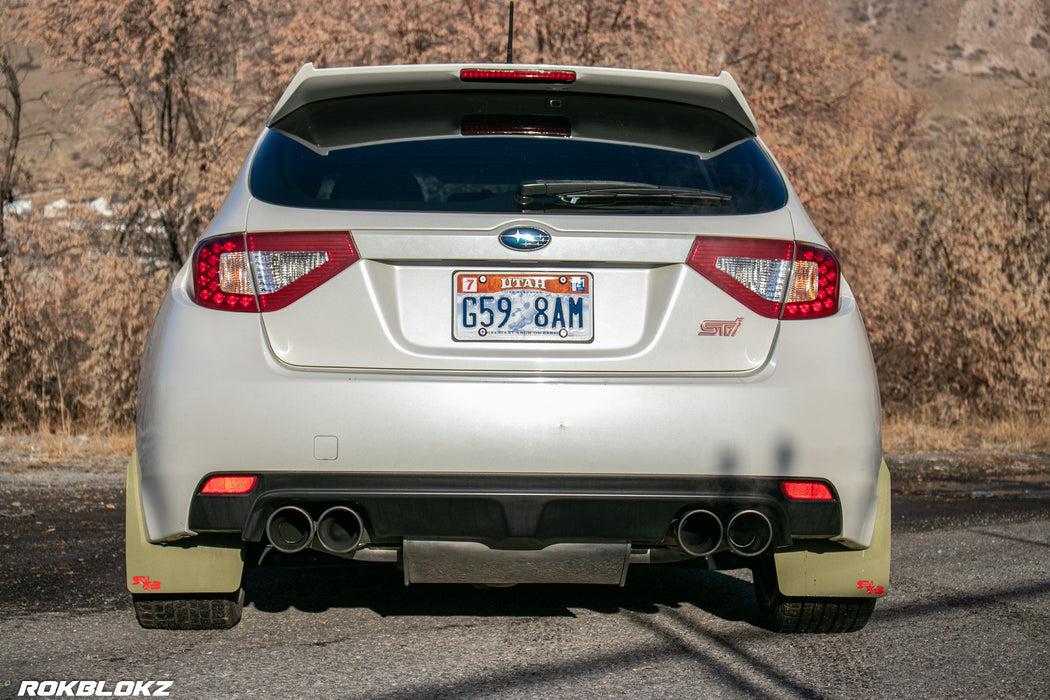 RokBlokz Original Rally Mud Flaps White Flaps/Blue Logo 08-14 Subaru STI Hatch / 11-14 WRX Hatch