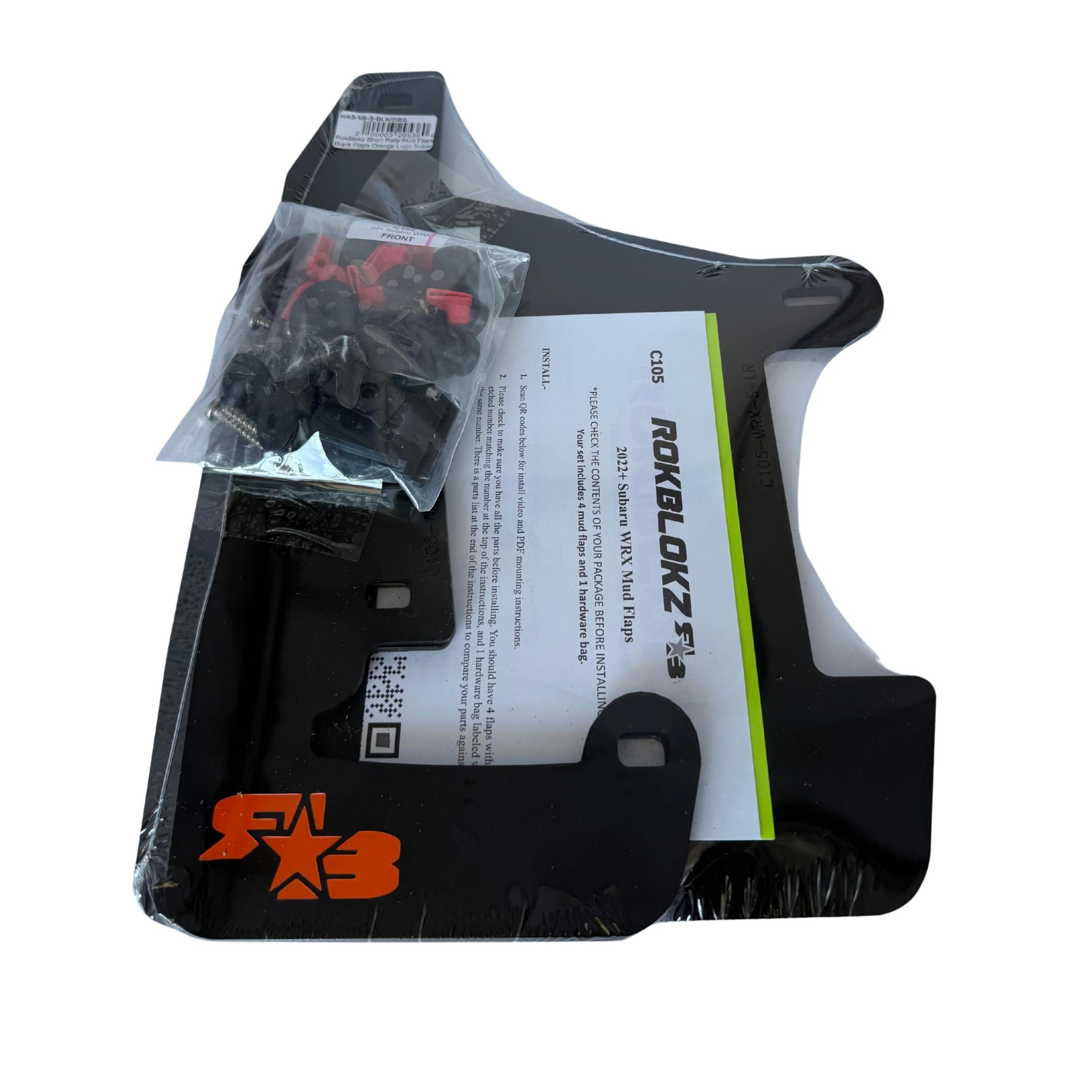 RokBlokz Short Rally Mud Flaps Black Flaps Orange Logo Subaru 2022-2026 WRX | S-VB-S-BLK/ORG