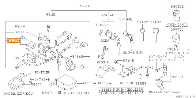 Subaru OEM Ignition Switch Wiring Harness (02-05 WRX, 03-08 Forester) | 83139FE000