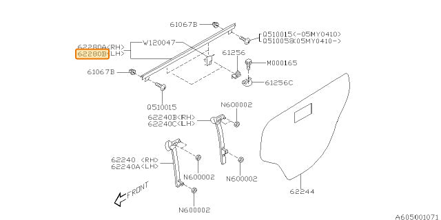 Subaru OEM Rear Door Window Weather Stripping - Outside - Left Hand | 62280AG011