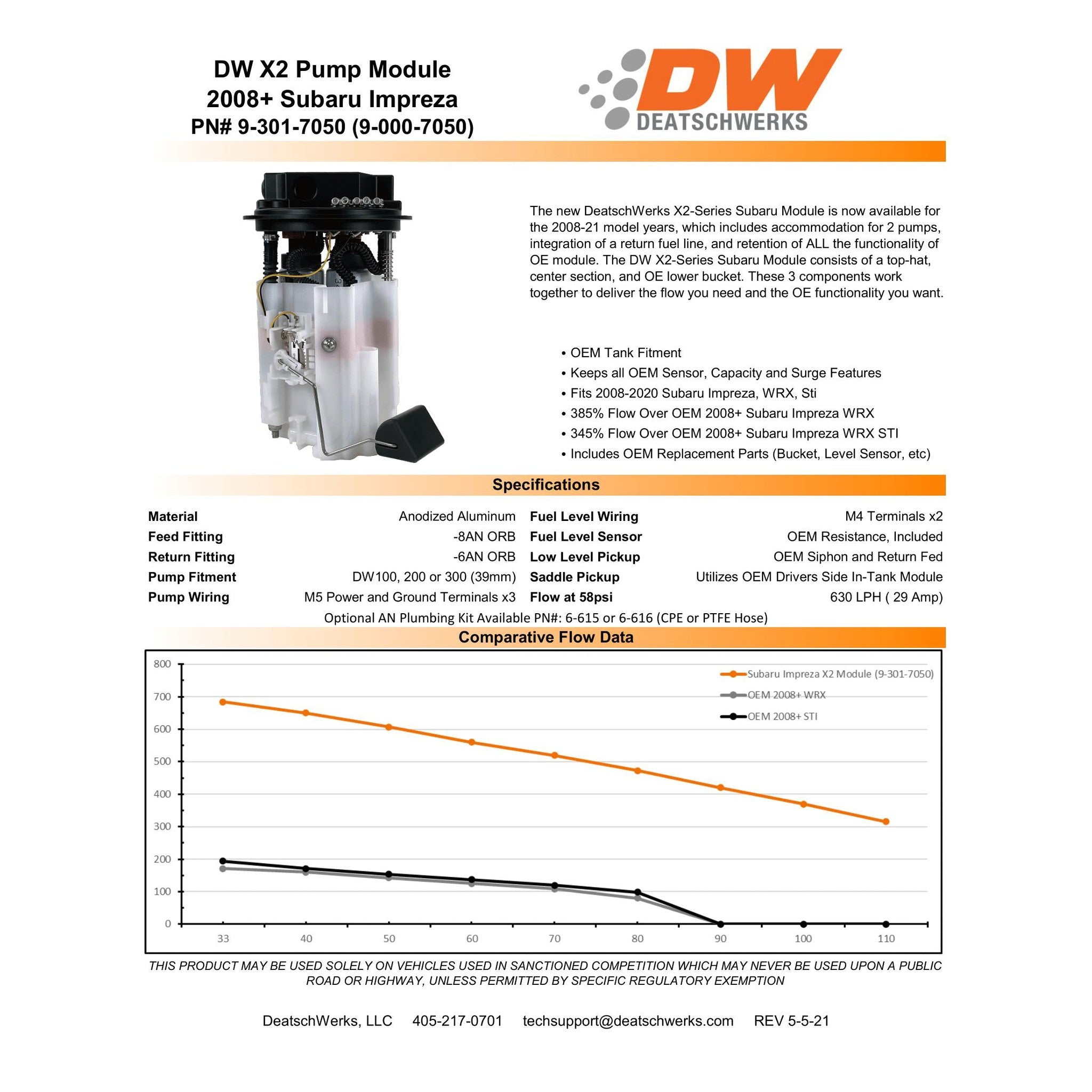 DeatschWerks 9-301-7050 X2 Series Fuel Pump Module Subaru WRX/STI 08-21 DeatschWerks 9-301-7050 X2 Series Fuel Pump Module Subaru WRX/STI 08-21