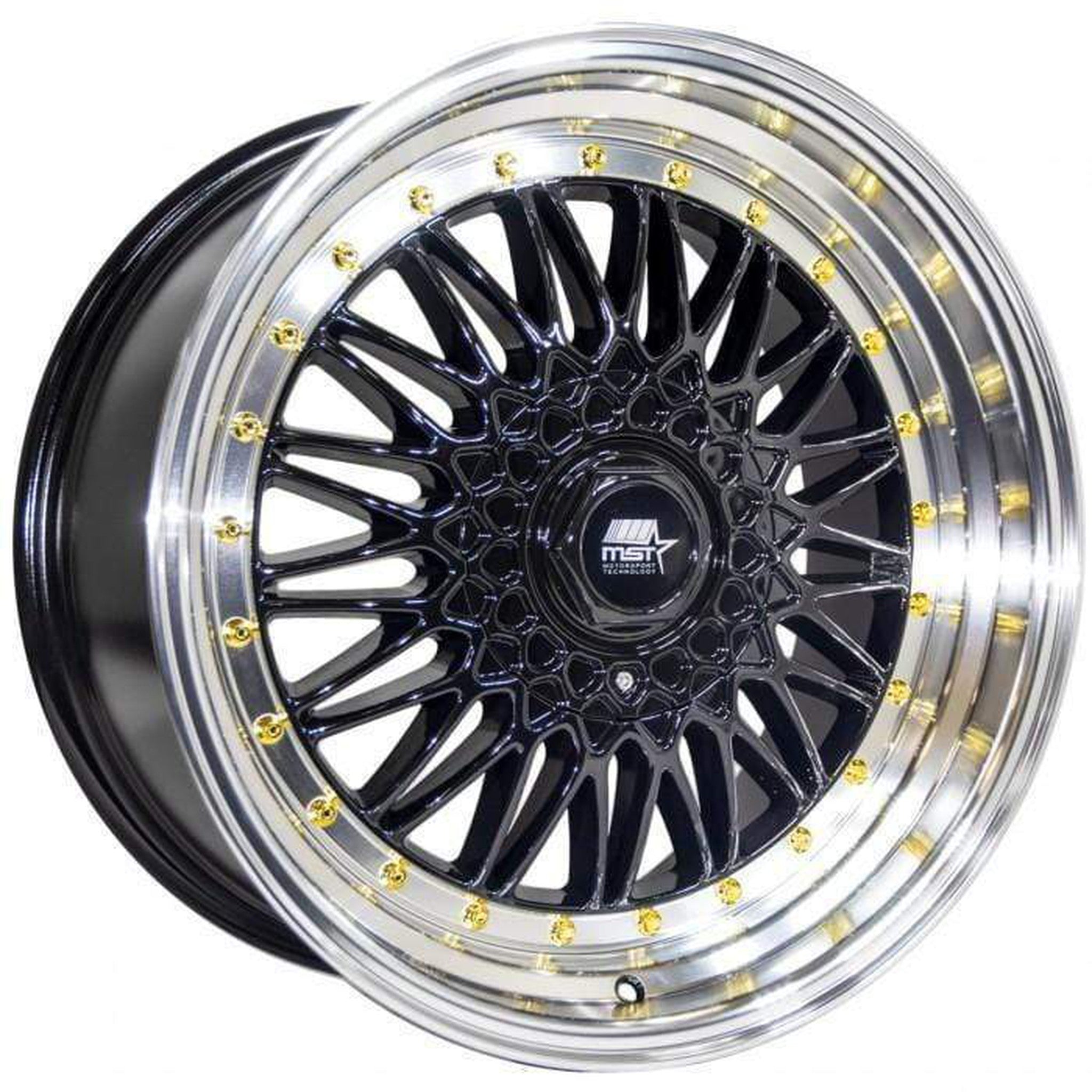 MST MT13 Wheel 16x8 20mm 5x100/5x114.3 73.1 Black w/Machined Lip Gold Rivets