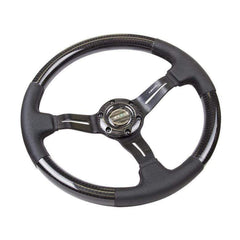 NRG Carbon Fiber Steering Wheel (350mm / 1.5in. Deep) Leather Trim w/Blk Stitch & Slit Cutout Spokes | ST-010CFBS
