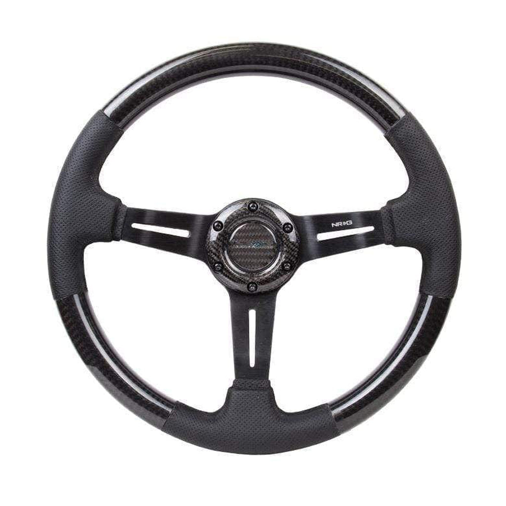 NRG Carbon Fiber Steering Wheel (350mm / 1.5in. Deep) Leather Trim w/Blk Stitch & Slit Cutout Spokes | ST-010CFBS