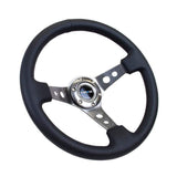 NRG Reinforced Steering Wheel (350mm / 3in. Deep) Black Leather w/Gunmetal Circle Cutout Spokes | RST-006GM