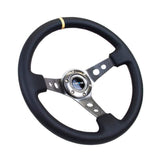 NRG Reinforced Steering Wheel (350mm / 3in. Deep) Black Leather w/Gunmetal Circle Cutout Spokes w/ Yellow | RST-006GM-Y