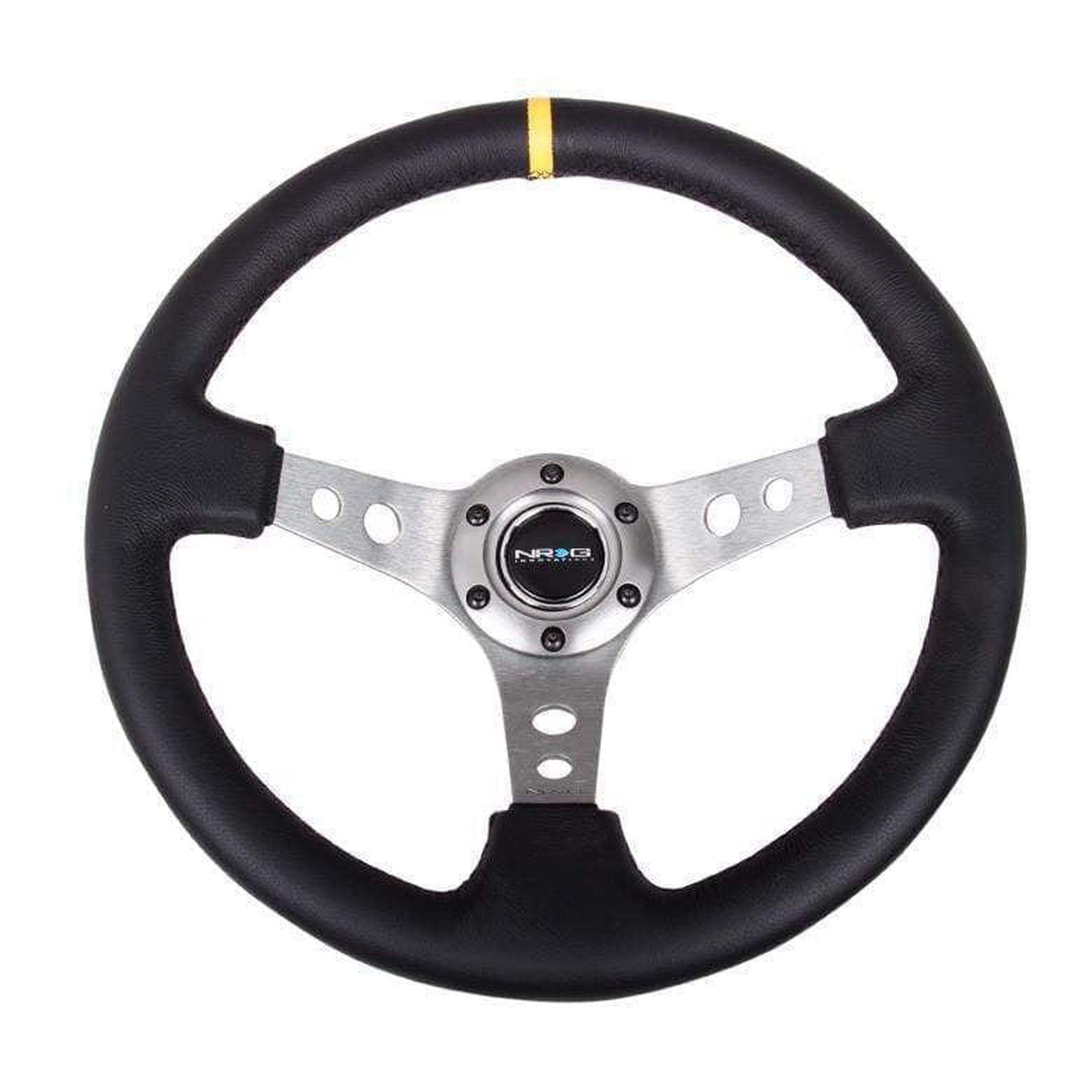 NRG Reinforced Steering Wheel (350mm / 3in. Deep) Black Leather w/Gunmetal Circle Cutout Spokes w/ Yellow | RST-006GM-Y