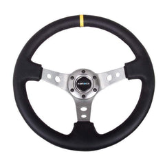 NRG Reinforced Steering Wheel (350mm / 3in. Deep) Black Leather w/Gunmetal Circle Cutout Spokes w/ Yellow | RST-006GM-Y