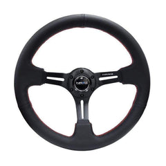 NRG Reinforced Steering Wheel (350mm / 3in. Deep) Black Leather/Red Stitch & Blk 3-Spoke w/Slits | RST-018R-RS