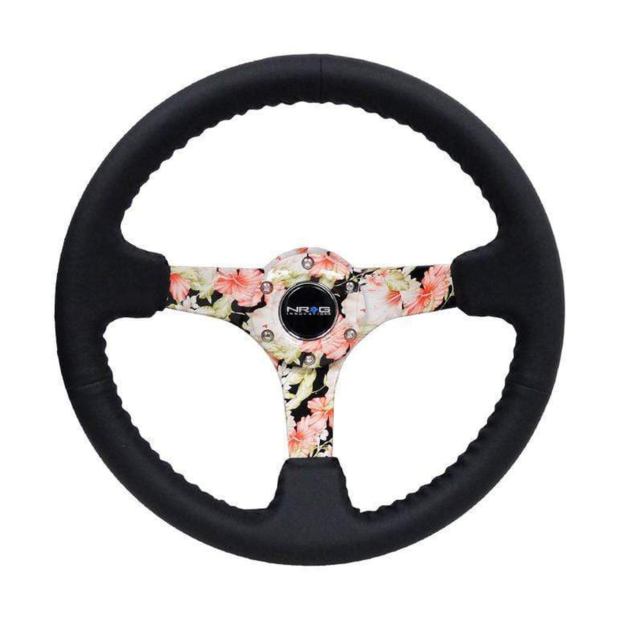 NRG Reinforced Steering Wheel (350mm / 3in. Deep) Blk Leather Floral Dipped w/ Blk Baseball Stitch | RST-036FL-R