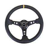 NRG Reinforced Steering Wheel (350mm / 3in. Deep) Blk Leather w/Blk Cutout Spoke + Yellow Stripe | RST-006BK-Y