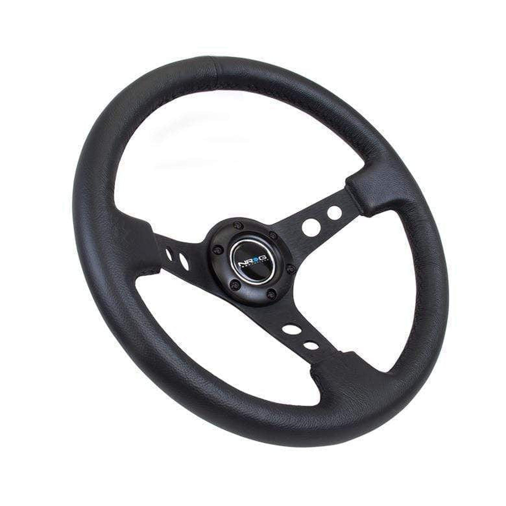 NRG Reinforced Steering Wheel (350mm / 3in. Deep) Blk Leather w/Blk Spoke & Circle Cutouts | RST-006BK