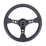 NRG Reinforced Steering Wheel (350mm / 3in. Deep) Blk Leather w/Blk Spoke & Circle Cutouts | RST-006BK